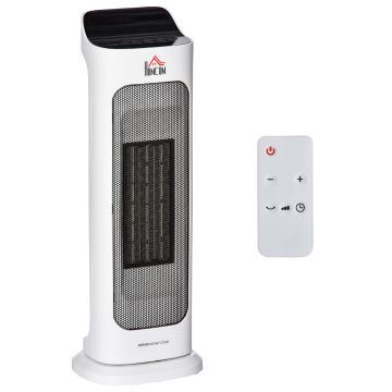 HOMCOM Sobă Electrică Oscilantă cu Telecomandă, Încălzitor cu Temperatură Reglabilă și Timer, 17,6x13,7x50 cm, Alb | Aosom Romania