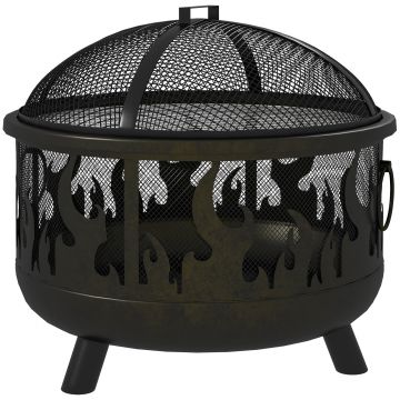 Outsunny Cuva pentru foc, vatră, incl. protecție la scântei, 1 cârlig, Ø61,5 cm x 52 cm, Negru | Aosom Romania