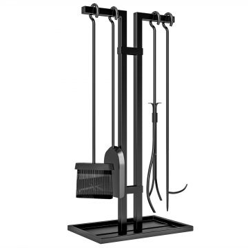Outsunny Set servitor pentru șemineu 5 piese, unelte pentru șemineu, din metal, mătură, lopată, clește, tisonier și suport, negru | Aosom Romania