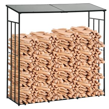 Outsunny Suport pentru Lemne de Foc cu Acoperiș din Policarbonat, Depozit Lemne pentru Sobă și Șemineu, 185x67x185 cm, Negru | Aosom Romania