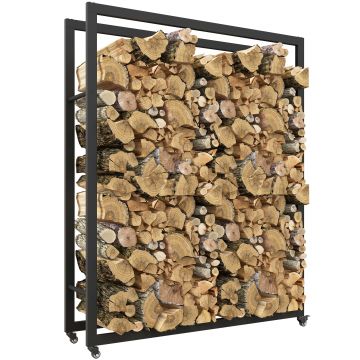 Outsunny Suport Portabil pentru Lemne cu Roți, Suport pentru Lemne din Metal Ranforsat, 120x32x151 cm, Negru | Aosom Romania
