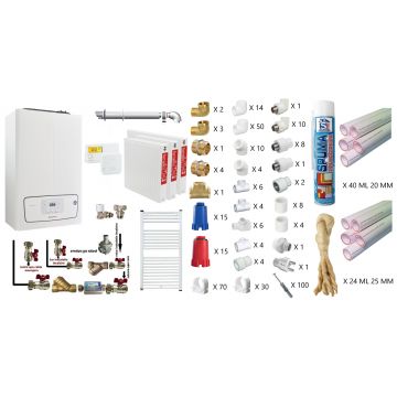 Pachet apartament cu 2 camere, centrala termica murala in condensare Immergas Victrix TERA 24/28 V2, Gaz, 24 kW,  termostat, kit de evacuare inclus, calorifere otel, teava PPR si fitinguri, kit armaturi