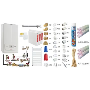 Pachet apartament cu 2 camere, centrala termica pe gaz in condensare Immergas Victrix Omnia V2 26, condensatie, 20 kW incalzire, 26 kW preparare apa calda, termostat, kit de evacuare inclus, calorifere otel, teava PPR si fitinguri, kit armaturi