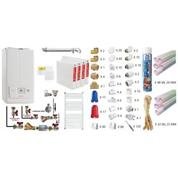 Pachet apartament cu 3 camere,  Immergas Victrix Omnia V2 26, condensatie, 20 kW incalzire, 26 kW preparare apa calda, kit de evacuare inclus, calorifere otel, teava PPR si fitinguri, kit armaturi
