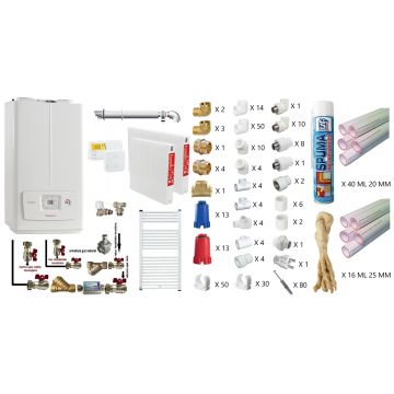Pachet apartament cu o camera, centrala termica pe gaz in condensare Immergas Victrix Omnia V2 26, condensatie, 20 kW incalzire, 26 kW preparare apa calda, kit de evacuare inclus, calorifere otel, teava PPR si fitinguri, kit armaturi