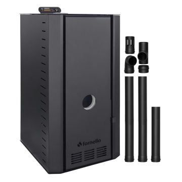 Pachet cazan pe peleti Fornello SERENA B, 25 kw, complet echipat cu pompa de circulatie, vas de expansiune, supapa siguranta, telecomanda, culoare Black, arzator fonta, kit evacuare 2.5 ml, pentru suprafete pana la 150 mp