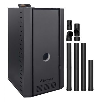 Pachet cazan pe peleti Fornello SERENA B, 25 kw, complet echipat cu pompa de circulatie, vas de expansiune, supapa siguranta, telecomanda, culoare Black, arzator fonta, kit evacuare 3.5 ml, pentru suprafete pana la 150 mp