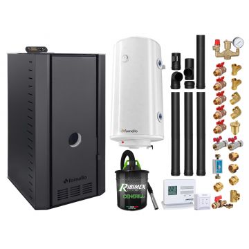 Pachet cazan pe peleti Fornello SERENA B, 25 kw, complet echipat cu pompa, vas expansiune, supapa siguranta, telecomanda, arzator fonta, boiler, termostat, aspirator, fitinguri, kit evacuare 3.5 ml, pana la 150 mp
