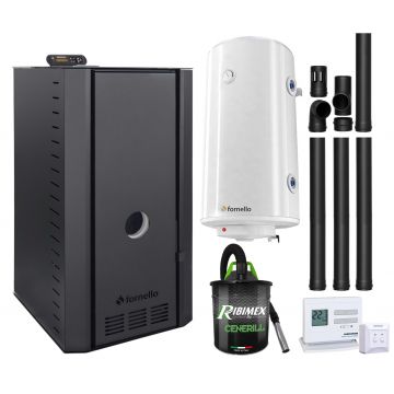 Pachet cazan pe peleti Fornello SERENA B, 25 kw, complet echipat cu pompa, vas expansiune, supapa siguranta, telecomanda, arzator fonta, boiler, termostat, aspirator, kit evacuare 3.5 ml, pana la 150 mp