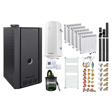 Pachet cazan pe peleti Fornello SERENA B, 25 kw, complet echipat cu pompa, vas expansiune, supapa siguranta, telecomanda, arzator fonta, calorifere aluminiu, boiler, termostat, aspirator, fitinguri, kit evacuare 3.5 ml, pana la 150 mp
