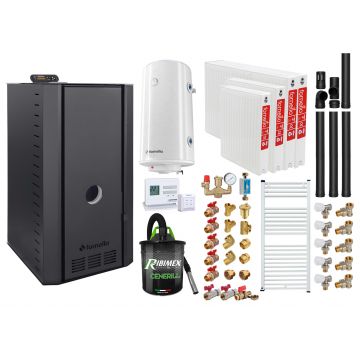 Pachet cazan pe peleti Fornello SERENA B, 25 kw, complet echipat cu pompa, vas expansiune, supapa siguranta, telecomanda, arzator fonta, radiatoare otel, boiler, termostat, aspirator, fitinguri, kit evacuare 3.5 ml, pana la 150 mp