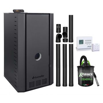 Pachet cazan pe peleti Fornello SERENA B, 25 kw, complet echipat cu pompa, vas expansiune, supapa siguranta, telecomanda, culoare Black, arzator fonta, termostat, aspirator, kit evacuare 3.5 ml, pana la 150 mp
