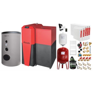 Pachet Centrala mixta Lemn/Pelet Fornello Tera 28 kW, boiler de sol, calorifere otel, termostat, aspirator, pompa, vas expansiune, fitinguri, aprindere automanta la peleti, buncar peleti 95 kg, creuzet fonta, curatarea facila, pentru 180 m