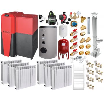 Pachet Centrala mixta Lemn/Pelet Fornello Tera 28 kW, boiler de sol, cos inox, calorifere aluminiu, termostat, aspirator, pompa, vas expansiune, fitinguri, aprindere automanta la peleti, buncar peleti 95 kg, creuzet fonta, pentru 180 mp