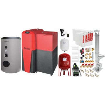 Pachet Centrala mixta Lemn/Pelet Fornello Tera 28 kW, boiler de sol, cos inox, calorifere otel, termostat, aspirator, pompa, vas expansiune, fitinguri, aprindere automanta la peleti, buncar peleti 95 kg, creuzet fonta, curatarea facila, pentru 180 mp