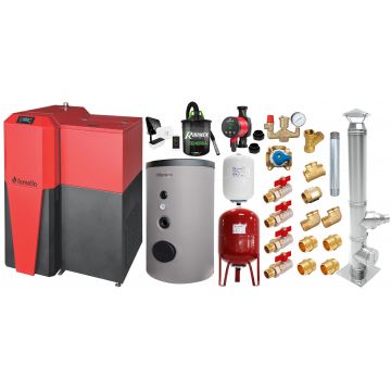 Pachet Centrala mixta Lemn/Pelet Fornello Tera 28 kW, boiler de sol, cos inox, termostat, aspirator, pompa, vas expansiune, fitinguri, aprindere automanta la peleti, buncar peleti 95 kg, creuzet fonta, curatarea facila, pentru 180 mp