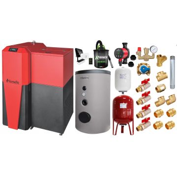 Pachet Centrala mixta Lemn/Pelet Fornello Tera 28 kW, boiler de sol, termostat, aspirator, pompa, vas expansiune, fitinguri, aprindere automanta la peleti, buncar peleti 95 kg, creuzet fonta, curatarea facila, pentru 180 mp
