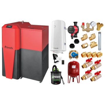 Pachet Centrala mixta Lemn/Pelet Fornello Tera 28 kW, boiler, termostat, aspirator, pompa, vas expansiune, fitinguri, aprindere automanta la peleti, buncar peleti 95 kg, creuzet fonta, curatarea facila, pentru 180 mp