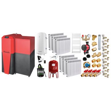 Pachet Centrala mixta Lemn/Pelet Fornello Tera 28 kW, calorifere aluminiu, boiler, termostat, aspirator, pompa, vas expansiune, fitinguri, aprindere automanta la peleti, buncar peleti 95 kg, creuzet fonta, curatarea facila, pentru 180 mp