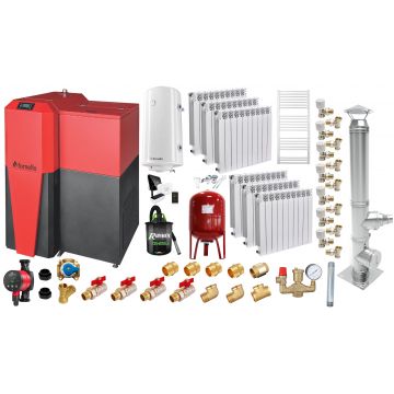 Pachet Centrala mixta Lemn/Pelet Fornello Tera 28 kW, calorifere aluminiu, cos inox, boiler, termostat, aspirator, pompa, vas expansiune, fitinguri, aprindere automanta la peleti, buncar peleti 95 kg, creuzet fonta, curatarea facila, pentru 180 mp