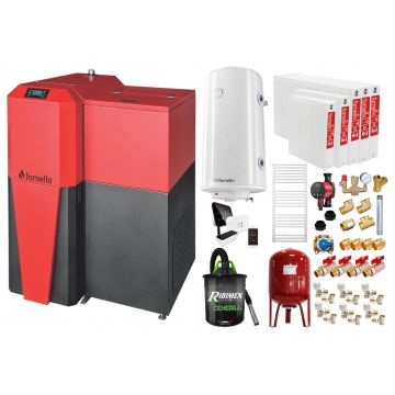 Pachet Centrala mixta Lemn/Pelet Fornello Tera 28 kW, calorifere otel, boiler, termostat, aspirator, pompa, vas expansiune, fitinguri, aprindere automanta la peleti, buncar peleti 95 kg, creuzet fonta, curatarea facila, pentru 180 mp