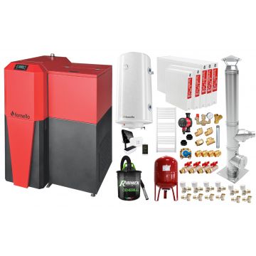 Pachet Centrala mixta Lemn/Pelet Fornello Tera 28 kW, calorifere otel, cos inox, boiler, termostat, aspirator, pompa, vas expansiune, fitinguri, aprindere automanta la peleti, buncar peleti 95 kg, creuzet fonta, curatarea facila, pentru 180 mp