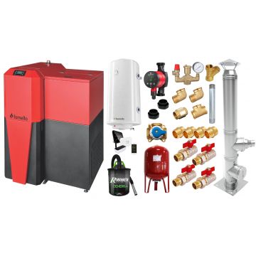Pachet Centrala mixta Lemn/Pelet Fornello Tera 28 kW, cos inox, boiler, termostat, aspirator, pompa, vas expansiune, fitinguri, aprindere automanta la peleti, buncar peleti 95 kg, creuzet fonta, curatarea facila, pentru 180 mp