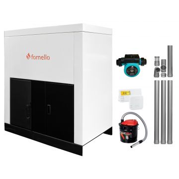 Pachet Centrala pe peleti Fornello Eco Energy  35 kW, echipata cu automatizare, afisaj digital, arzator fonta, curatare mecania a drumurilor de fum, buncar peleti integrat 75 kg, kit evacuare 3.5 ml, termostat ambient si aspirator cenusa