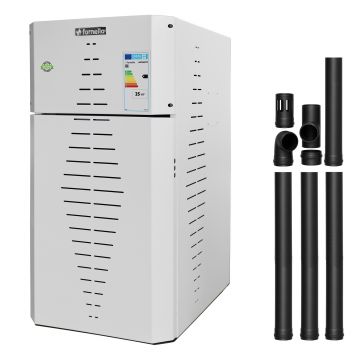 Pachet centrala pe peleti Fornello INCANTO COMPACT 35 kW, pompa electronica, vas expansiune, arzator inox, grup de siguranta, kit evacuare 3.5 ml, sistem de curatare MECANICA a creuzetului si drumurilor de fum, culoare alb