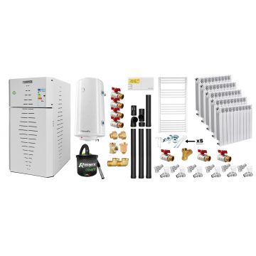 Pachet centrala pe peleti Fornello INCANTO COMPACT 35 kW, pompa electronica, vas expansiune, arzator inox, grup de siguranta, kit evacuare 3.5 ml, termostat, aspiratior, boiler 100L, Radiatoare Aluminiu si Fitinguri montaj