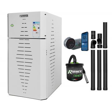 Pachet centrala pe peleti Fornello INCANTO COMPACT 35 kW, pompa electronica, vas expansiune, arzator inox, grup de siguranta, kit evacuare, termostat Salus IT 800, aspiratior, sistem de curatare MECANICA a creuzetului si drumurilor de fum