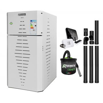 Pachet centrala pe peleti Fornello INCANTO COMPACT 35 kW, pompa electronica, vas expansiune, arzator inox, grup de siguranta, kit evacuare, termostat Salus IT500, aspiratior, sistem de curatare MECANICA a creuzetului si drumurilor de fum