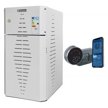 Pachet centrala pe peleti Fornello INCANTO COMPACT 35 kW, pompa electronica, vas expansiune, arzator inox, grup de siguranta, termostat wifi salus IT 800, sistem de curatare MECANICA a creuzetului si drumurilor de fum, culoare alb