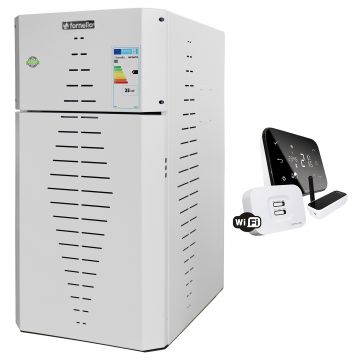 Pachet centrala pe peleti Fornello INCANTO COMPACT 35 kW, pompa electronica, vas expansiune, arzator inox, grup de siguranta, termostat wifi salus IT500, sistem de curatare MECANICA a creuzetului si drumurilor de fum, culoare alb