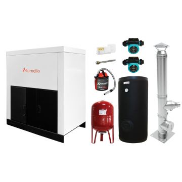Pachet format din Centrala pe peleti Fornello Eco Energy 35 kW, Pompe circulare, Vas Expansiune, Boiler termoelectric de sol, Cos inox, Termostat ambient si Aspirator cenusa
