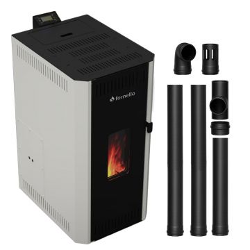 Pachet termosemineu pe peleti Fornello CALORE COMPACT 25 kW, pompa electronica, vas expansiune, arzator inox, grup de siguranta, kit evacuare 2.5 ml, sistem de curatare MECANICA a creuzetului si drumurilor de fum, culoare alb