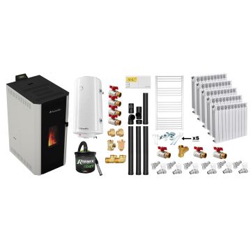 Pachet termosemineu pe peleti Fornello CALORE COMPACT 25 kW, pompa electronica, vas expansiune, arzator inox, grup de siguranta, kit evacuare 3.5 ml, termostat, aspiratior, boiler 100L, Radiatoare Aluminiu si Fitinguri montaj