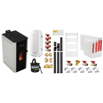 Pachet termosemineu pe peleti Fornello CALORE COMPACT 25 kW, pompa electronica, vas expansiune, arzator inox, grup de siguranta, kit evacuare 3.5 ml, termostat, aspiratior, boiler 100L, Radiatoare otel si Fitinguri montaj