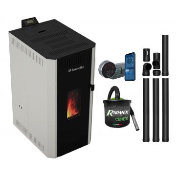 Pachet termosemineu pe peleti Fornello CALORE COMPACT 25 kW, pompa electronica, vas expansiune, arzator inox, grup de siguranta, kit evacuare, termostat Salus IT 800, aspiratior, sistem de curatare MECANICA a creuzetului si drumurilor de fum