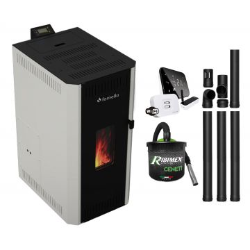 Pachet termosemineu pe peleti Fornello CALORE COMPACT 25 kW, pompa electronica, vas expansiune, arzator inox, grup de siguranta, kit evacuare, termostat Salus IT500, aspiratior, sistem de curatare MECANICA a creuzetului si drumurilor de fum, culoare