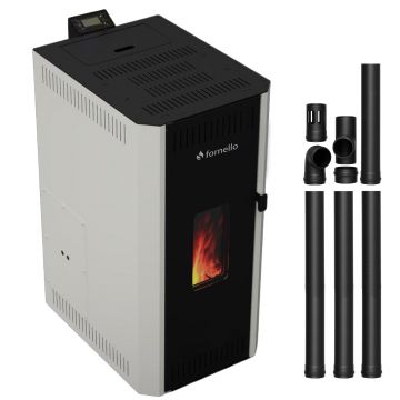 Pachet termosemineu pe peleti Fornello CALORE COMPACT 35 kW, pompa electronica, vas expansiune, arzator inox, grup de siguranta, kit evacuare 3.5 ml, sistem de curatare MECANICA a creuzetului si drumurilor de fum, culoare alb