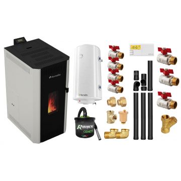 Pachet termosemineu pe peleti Fornello CALORE COMPACT 35 kW, pompa electronica, vas expansiune, arzator inox, grup de siguranta, kit evacuare 3.5 ml, termostat, aspiratior, boiler 100L si Fitinguri montaj centrala/boiler