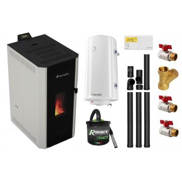 Pachet termosemineu pe peleti Fornello CALORE COMPACT 35 kW, pompa electronica, vas expansiune, arzator inox, grup de siguranta, kit evacuare 3.5 ml, termostat, aspiratior, boiler 100L si Fitinguri montaj