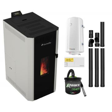 Pachet termosemineu pe peleti Fornello CALORE COMPACT 35 kW, pompa electronica, vas expansiune, arzator inox, grup de siguranta, kit evacuare, termostat Salus 091FLRFV2, aspiratior, boiler 100L, sistem curatare MECANICA creuzet si drumuri de fum