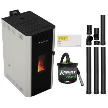 Pachet termosemineu pe peleti Fornello CALORE COMPACT 35 kW, pompa electronica, vas expansiune, arzator inox, grup de siguranta, kit evacuare, termostat Salus 091FLRFV2, aspiratior, sistem de curatare MECANICA a creuzetului si drumurilor de fum