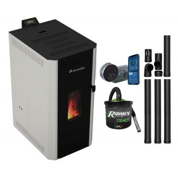 Pachet termosemineu pe peleti Fornello CALORE COMPACT 35 kW, pompa electronica, vas expansiune, arzator inox, grup de siguranta, kit evacuare, termostat Salus IT 800, aspiratior, sistem de curatare MECANICA a creuzetului si drumurilor de fum