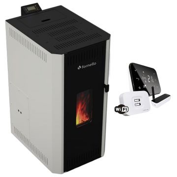 Pachet termosemineu pe peleti Fornello CALORE COMPACT 35 kW, pompa electronica, vas expansiune, arzator inox, grup de siguranta, termostat wifi salus IT500, sistem de curatare MECANICA a creuzetului si drumurilor de fum, culoare alblor de fum, culoar