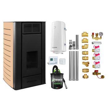 Pachet Termosemineu peleti Fornello SERENA W25, 25 kw, culoare Ivory, complet echipat, pompa circulatie, vas expansiune, automatizare, kit evacuare 3.5 ml, Boiler Termoelectric Fornello 100 l, Termostat, Aspirator