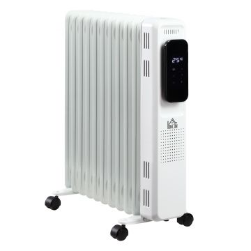 Radiator cu Ulei 11 Elementi, 3 Nivele de Incalzire, Timer si Temperatura Reglabila, 50.5x24x63cm, Alb HOMCOM | Aosom Romania