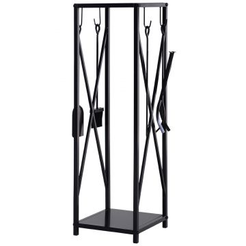 Suport lemne de Interior si Exterior cu economisire de spatiu din Metal cu Paleta, Matura, Vatrai si Cleste 34x34x111cm Negru Outsunny | Aosom Romania